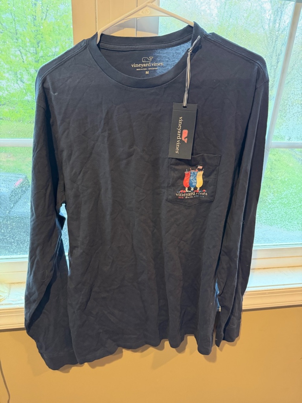 Vineyard Vines Navy Long-Sleeve Pocket Tee with Embroidered Drinks
